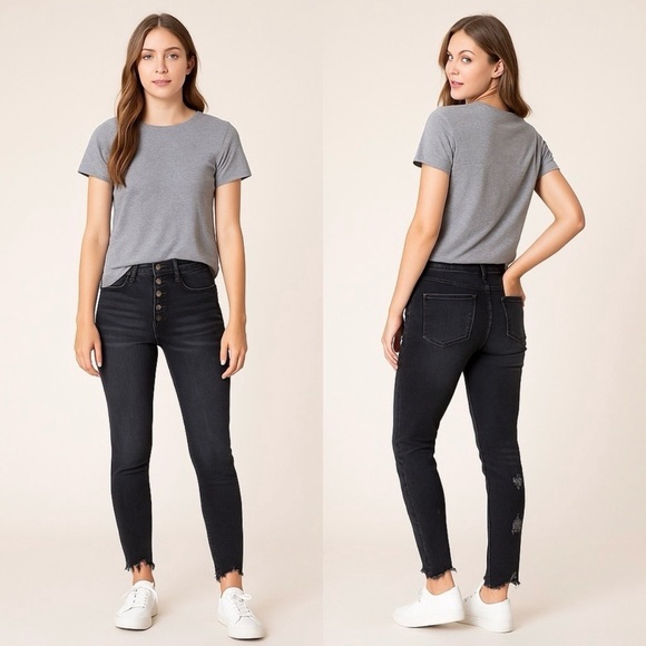 👉 🔥 KANCAN Black High Rise Skinny Jeans | Shark Bite Hem | Button Fly | 0/23 - Picture 13 of 13